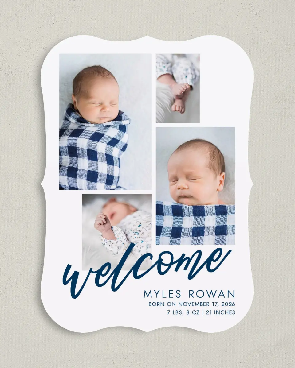 This is a 5" x 7" Birth Announcement Card called Joyous Welcome printed in full color on Premium Smooth paper
