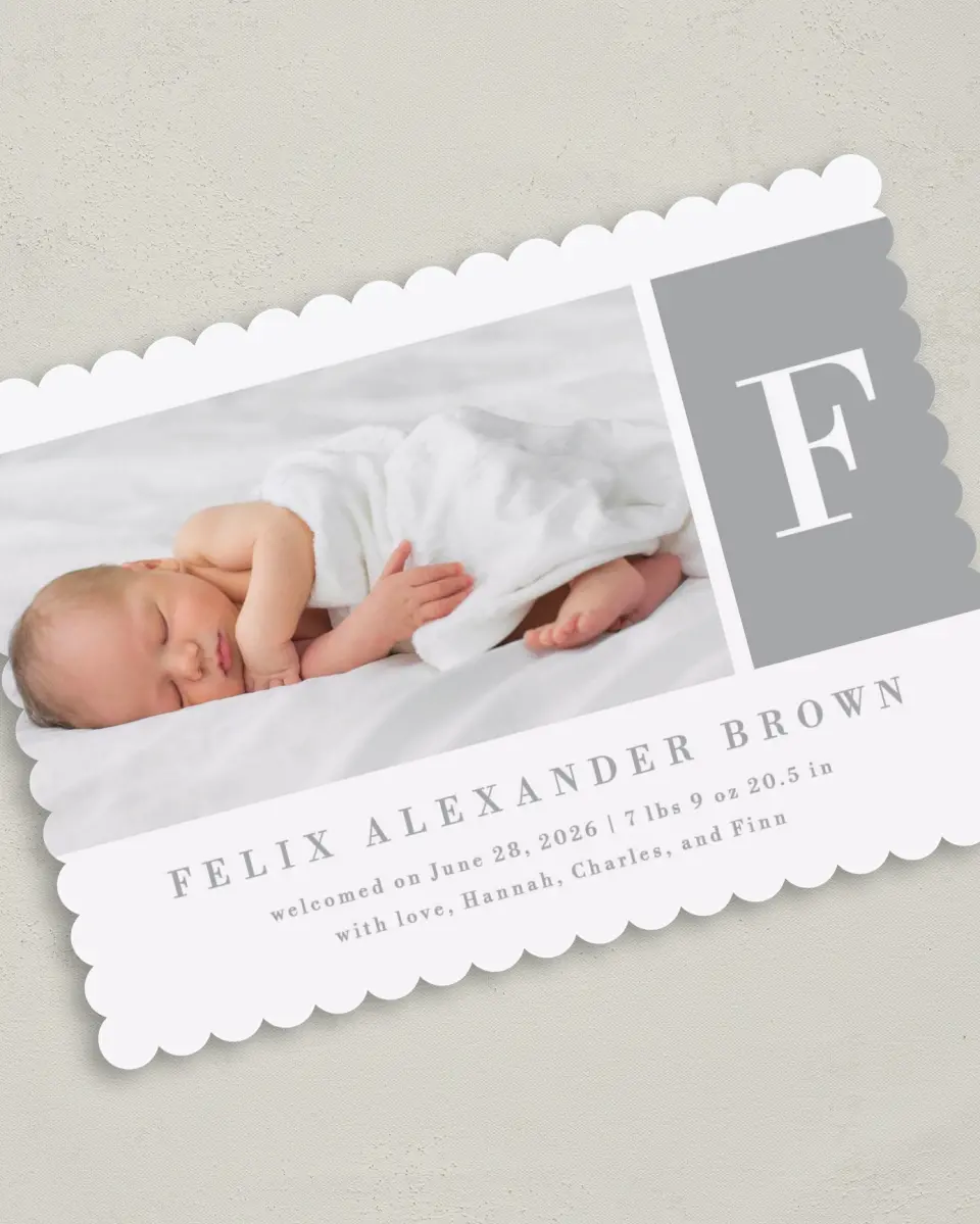 This is a 5" x 7" Birth Announcement Card called Minimal Monogram printed in full color on Premium Smooth paper