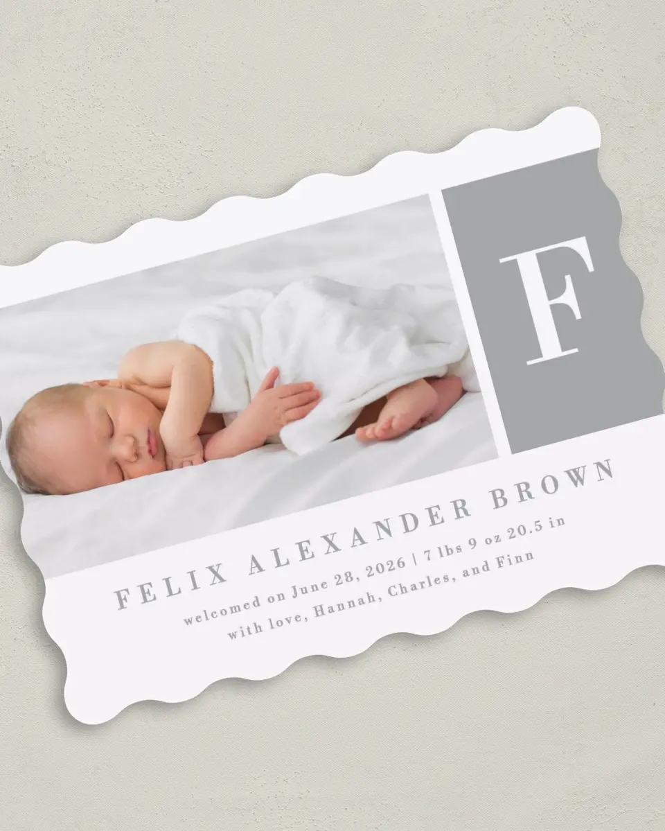 This is a 5" x 7" Birth Announcement Card called Minimal Monogram printed in full color with Rose Gold foil on Luxe Satin (coated) paper
