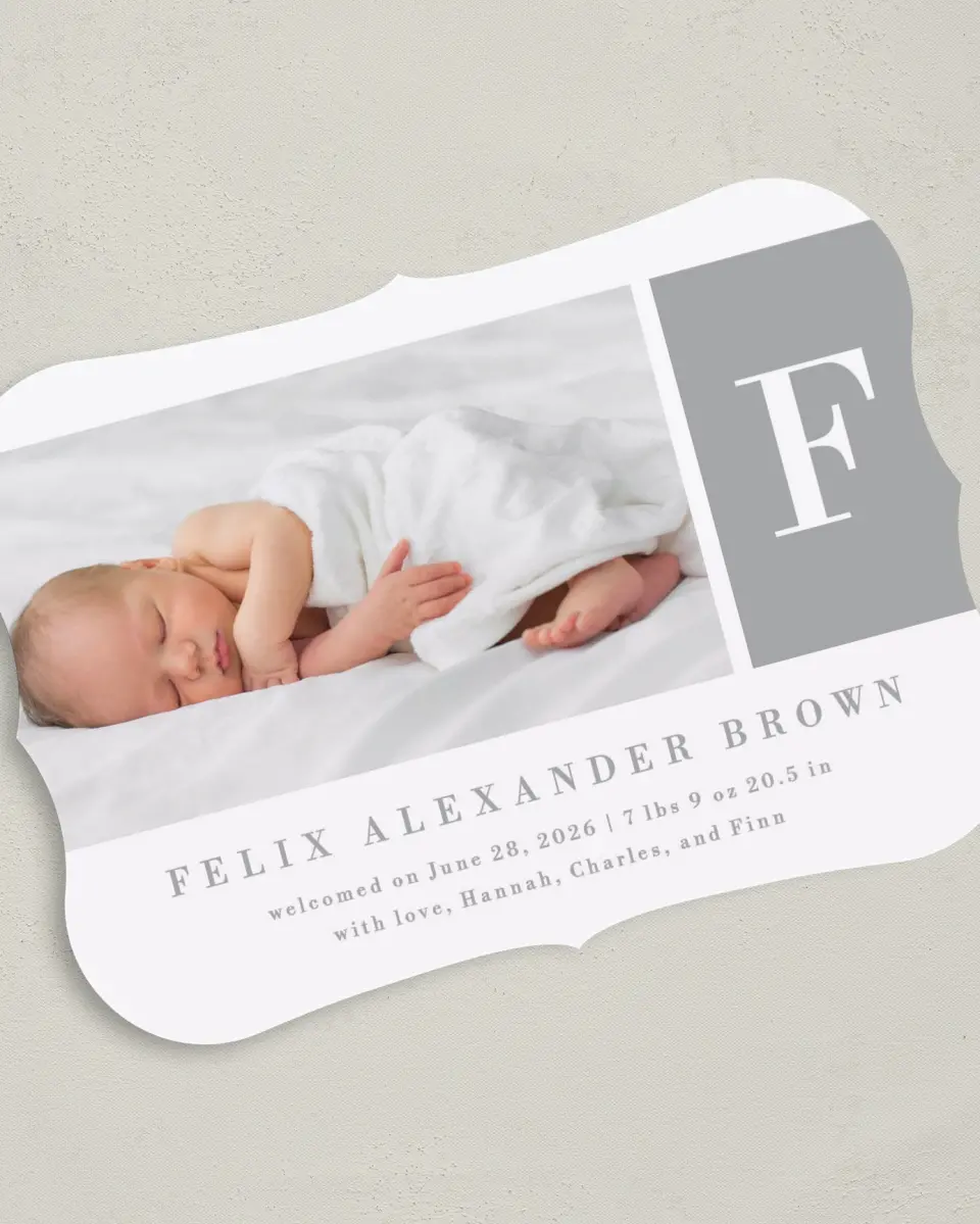This is a 5" x 7" Birth Announcement Card called Minimal Monogram printed in full color on Premium Smooth paper