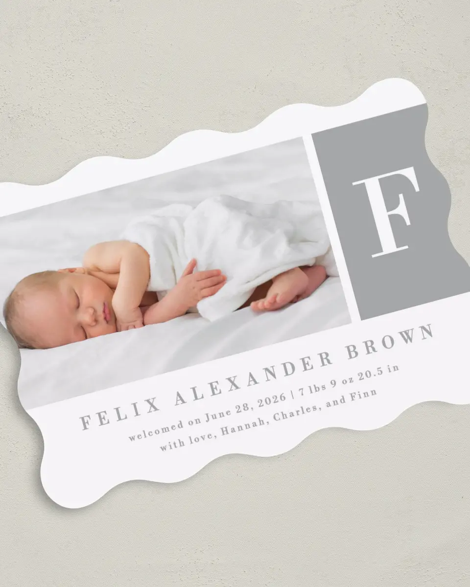 This is a 5" x 7" Birth Announcement Card called Minimal Monogram printed in full color on Premium Smooth paper