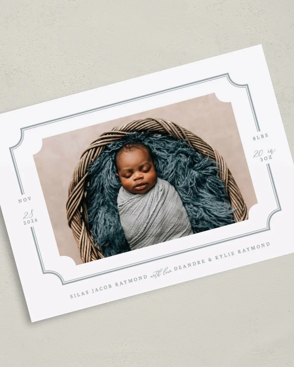This is a 5" x 7" Birth Announcement Card called Elegant Border printed in full color on Premium Smooth paper
