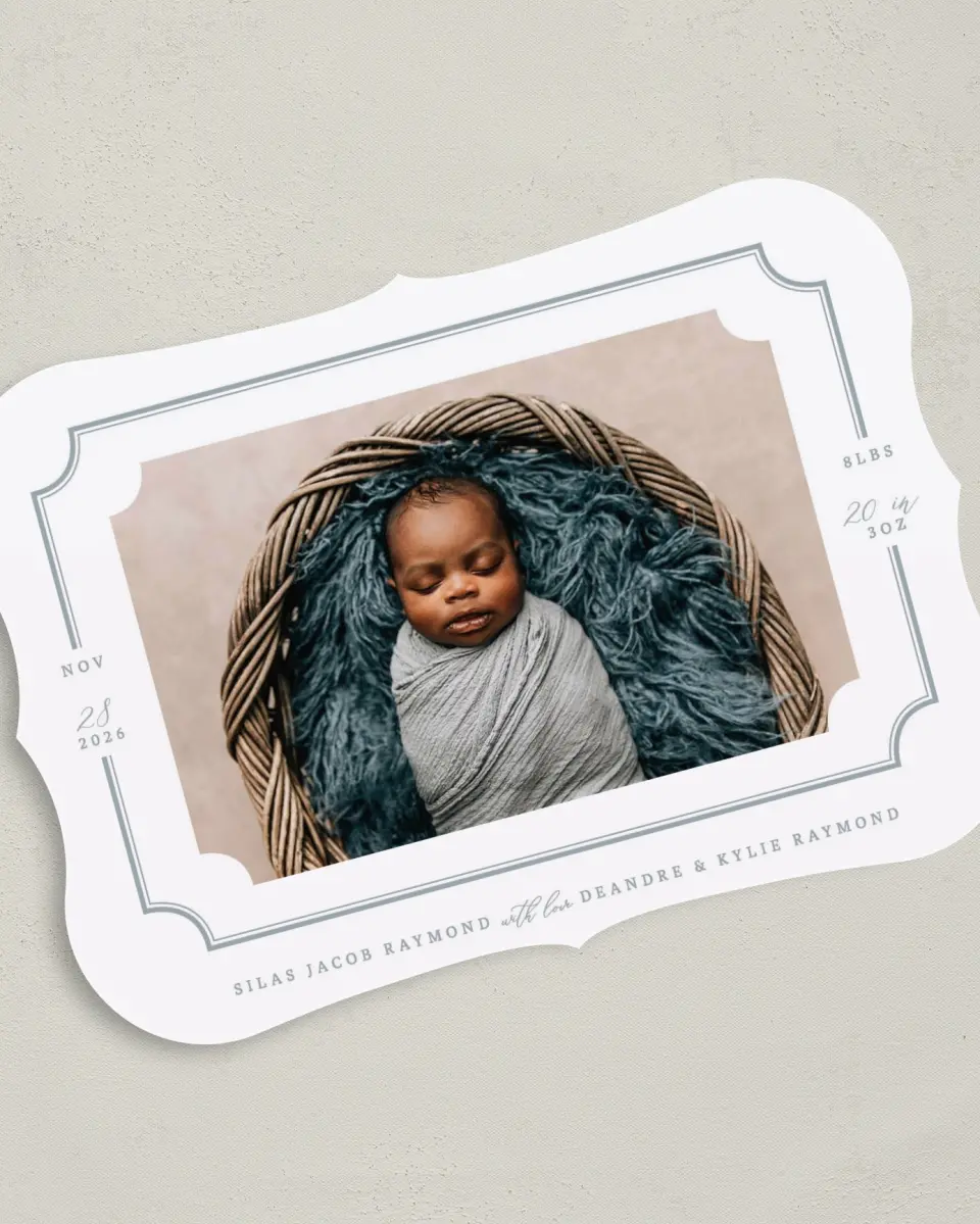 This is a 5" x 7" Birth Announcement Card called Elegant Border printed in full color on Premium Smooth paper