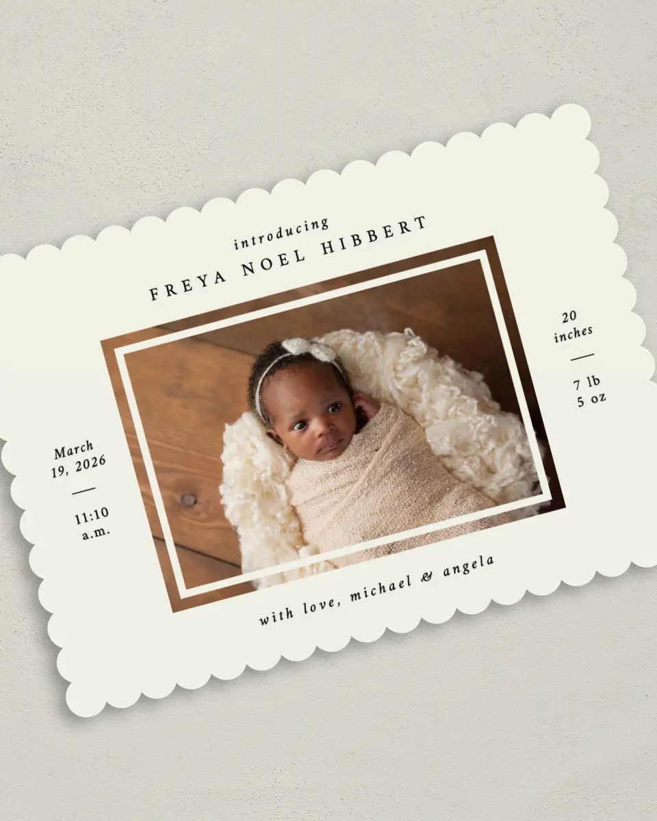 This is a 5" x 7" Birth Announcement Card called Simply Ours printed in full color on Premium Smooth paper