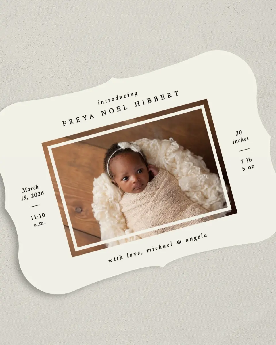 This is a 5" x 7" Birth Announcement Card called Simply Ours printed in full color on Premium Smooth paper