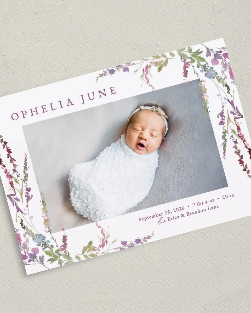 This is a 5" x 7" Birth Announcement Card called Flower Child printed in full color on Premium Smooth paper