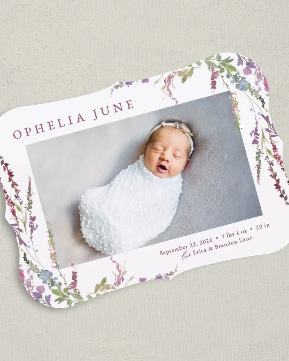 This is a 5" x 7" Birth Announcement Card called Flower Child printed in full color on Premium Smooth paper