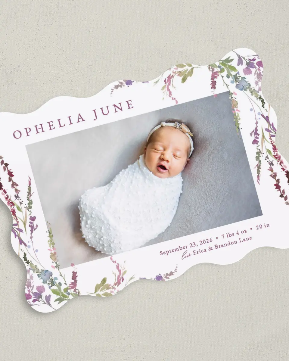 This is a 5" x 7" Birth Announcement Card called Flower Child printed in full color with Silver foil on Luxe Satin (coated) paper