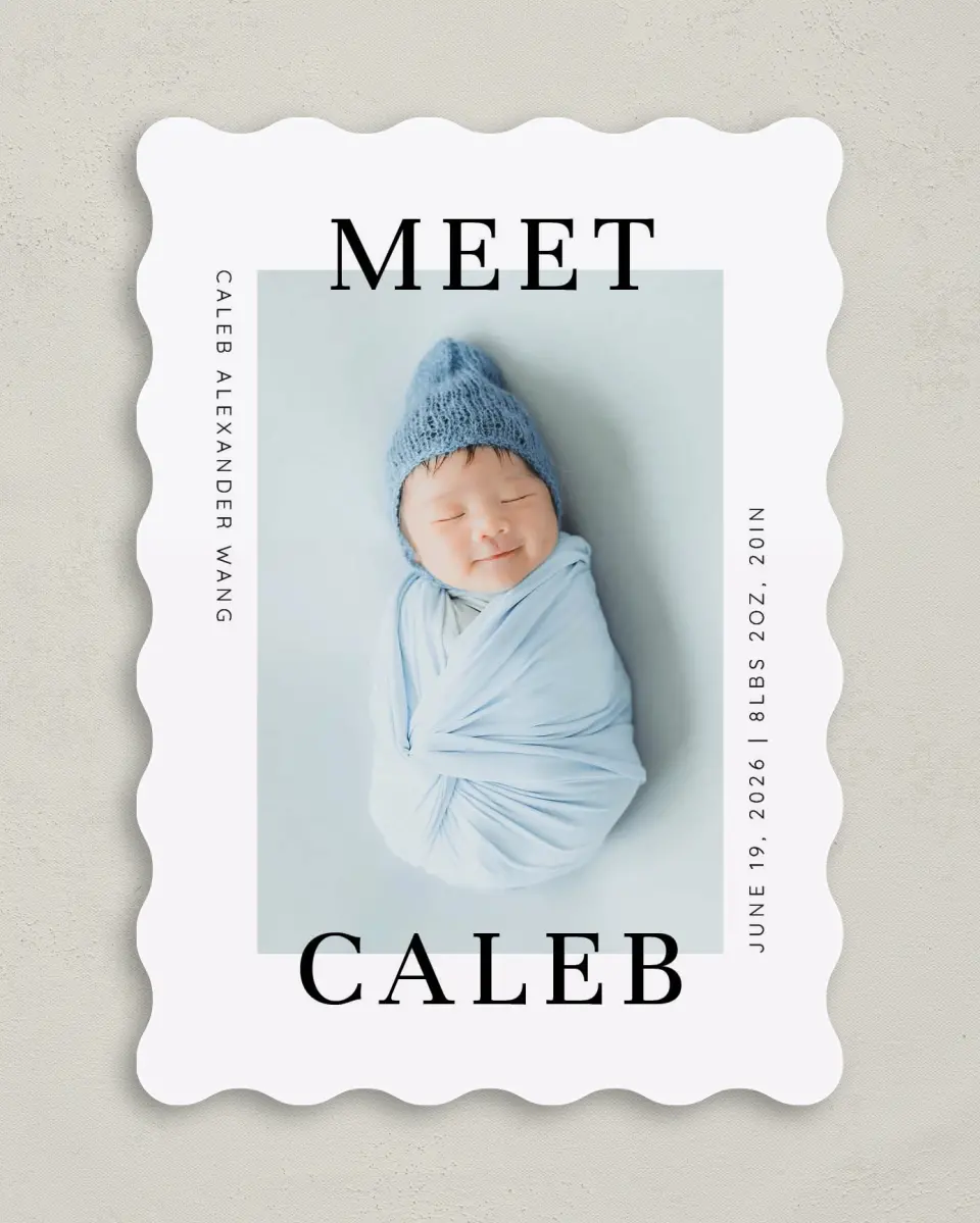 This is a 5" x 7" Birth Announcement Card called Modern Meeting printed in full color on Premium Smooth paper
