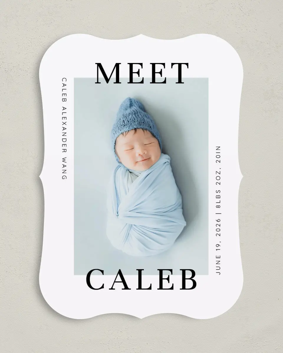 This is a 5" x 7" Birth Announcement Card called Modern Meeting printed in full color on Premium Smooth paper