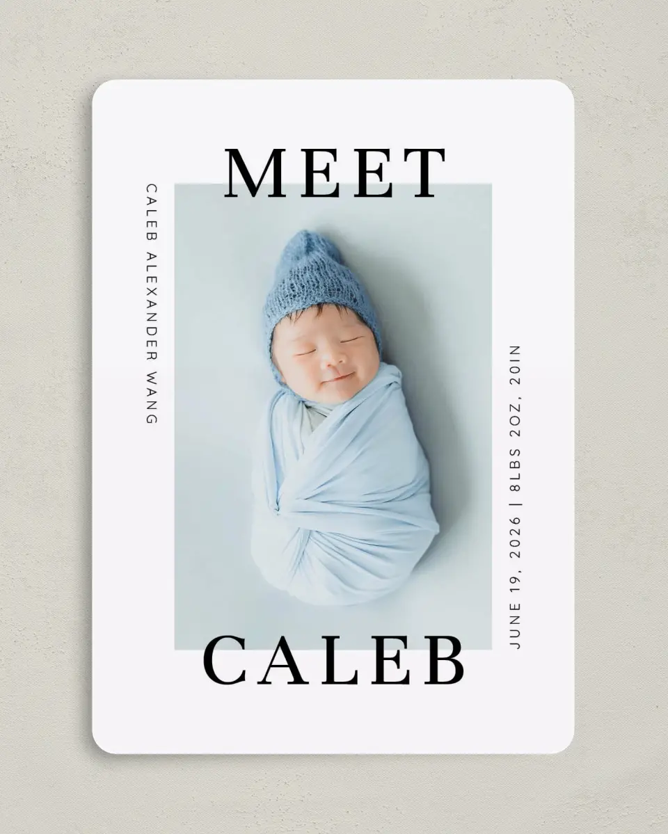This is a 5" x 7" Birth Announcement Card called Modern Meeting printed in full color with Silver foil on Luxe Satin (coated) paper