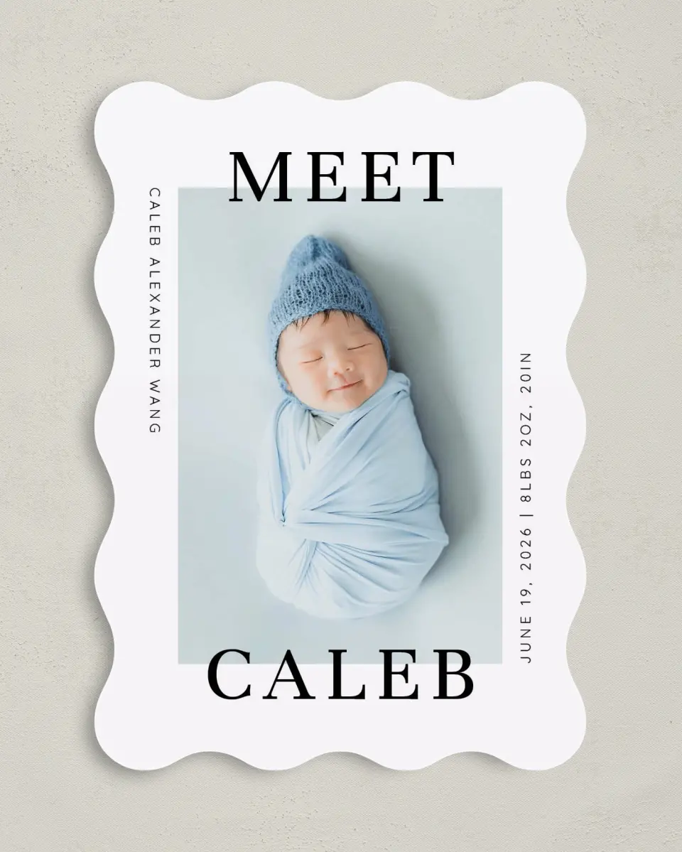 This is a 5" x 7" Birth Announcement Card called Modern Meeting printed in full color on Premium Smooth paper