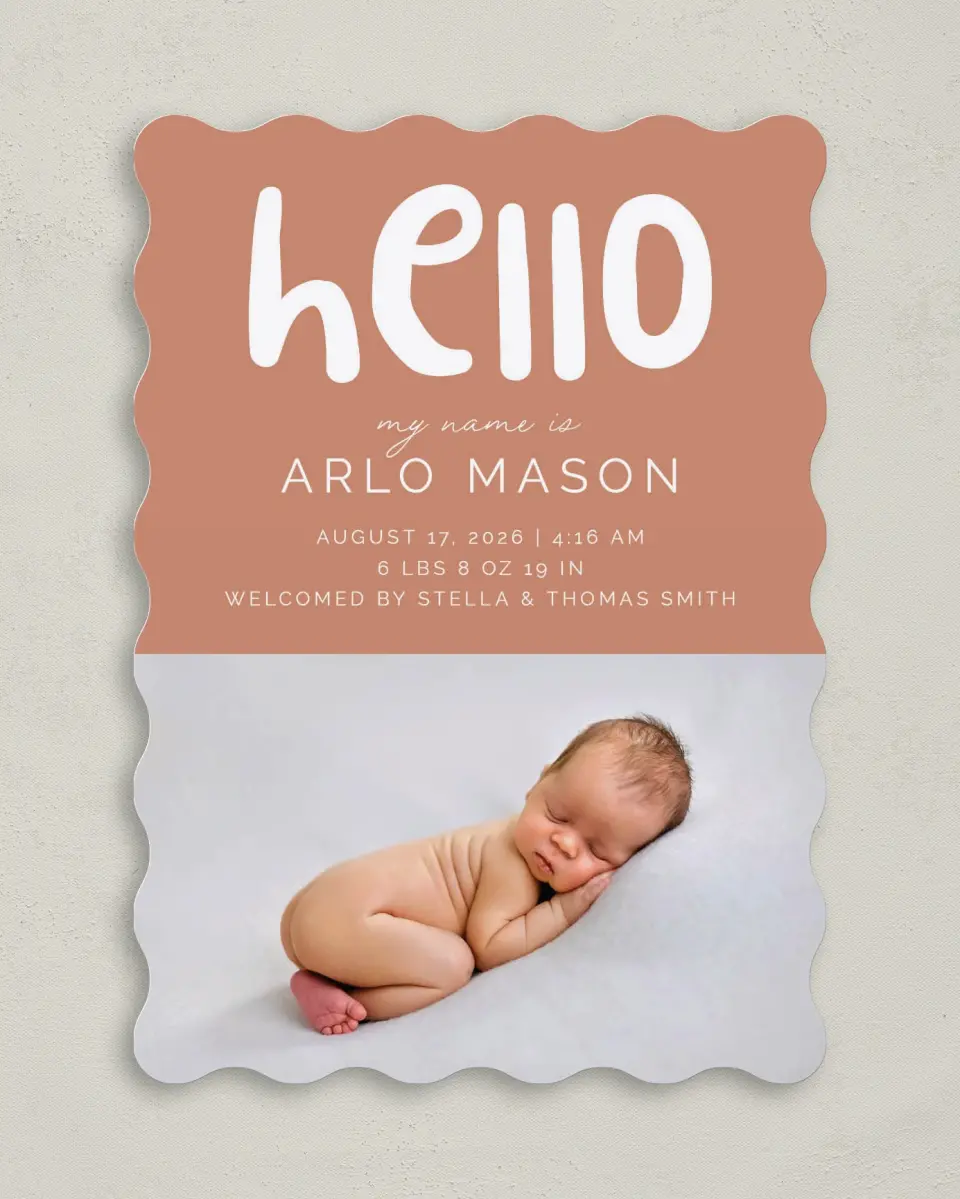 This is a 5" x 7" Birth Announcement Card called Cute Hello printed in full color with Silver foil on Luxe Satin (coated) paper