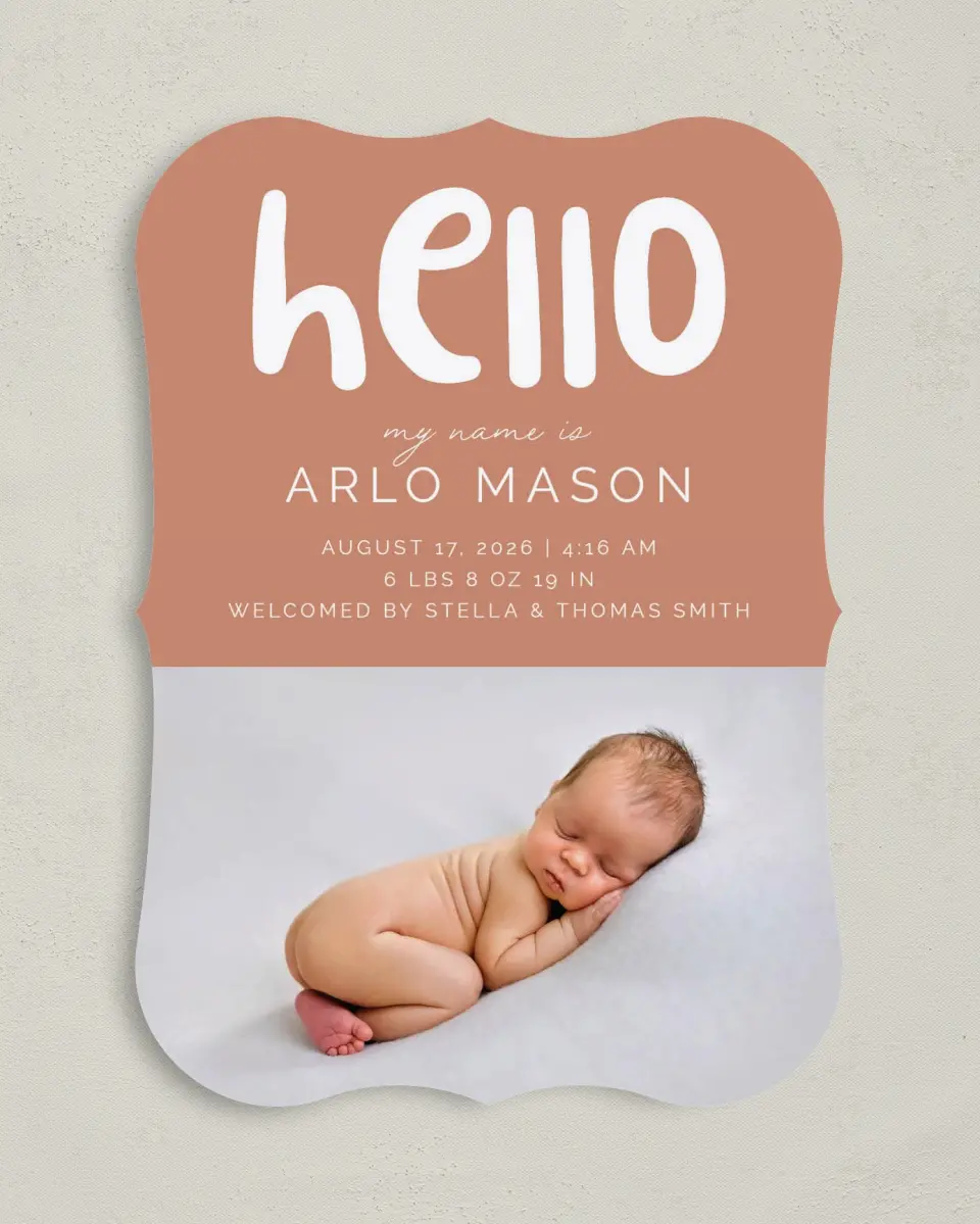 This is a 5" x 7" Birth Announcement Card called Cute Hello printed in full color on Premium Smooth paper