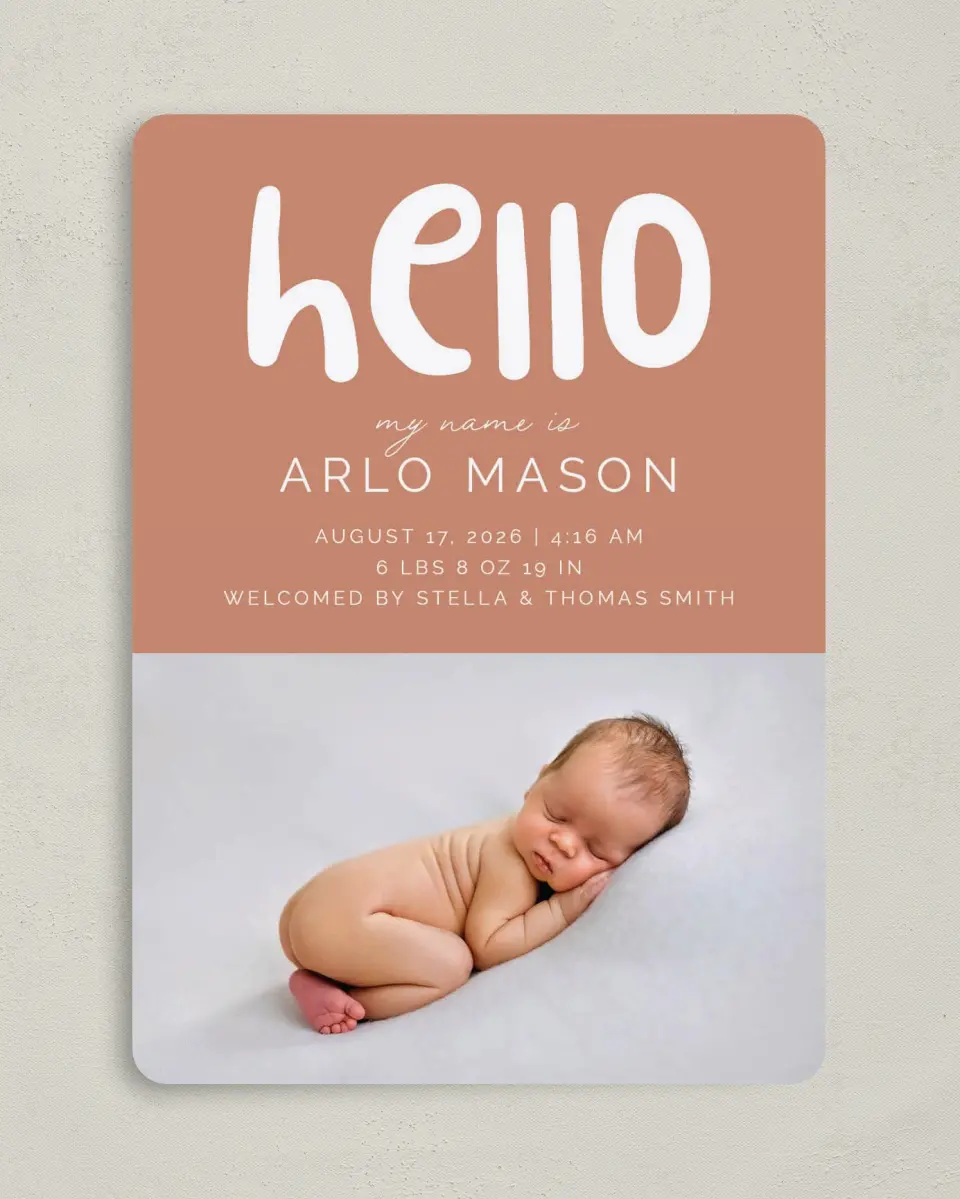 This is a 5" x 7" Birth Announcement Card called Cute Hello printed in full color with Silver foil on Luxe Satin (coated) paper