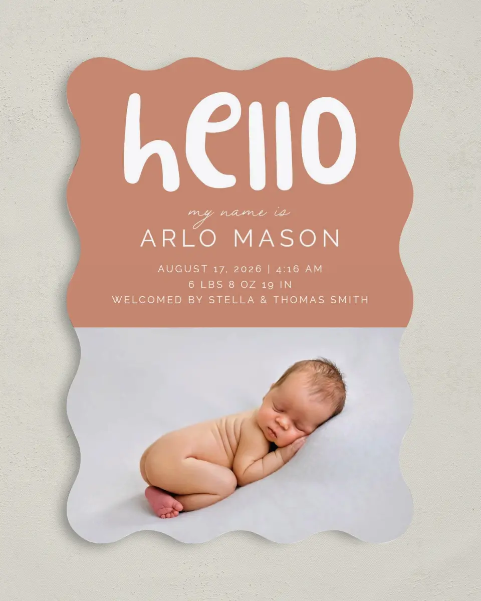 This is a 5" x 7" Birth Announcement Card called Cute Hello printed in full color on Premium Smooth paper