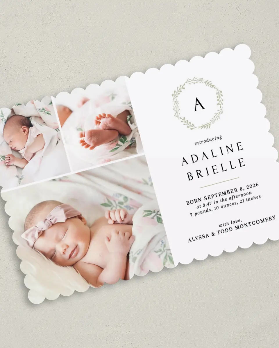 This is a 5" x 7" Birth Announcement Card called Welcome Wreath printed in full color on Premium Smooth paper