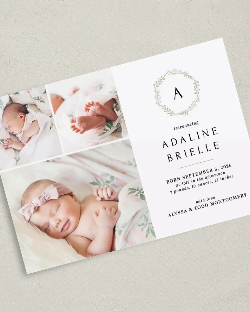 This is a 5" x 7" Birth Announcement Card called Welcome Wreath printed in full color on Premium Smooth paper