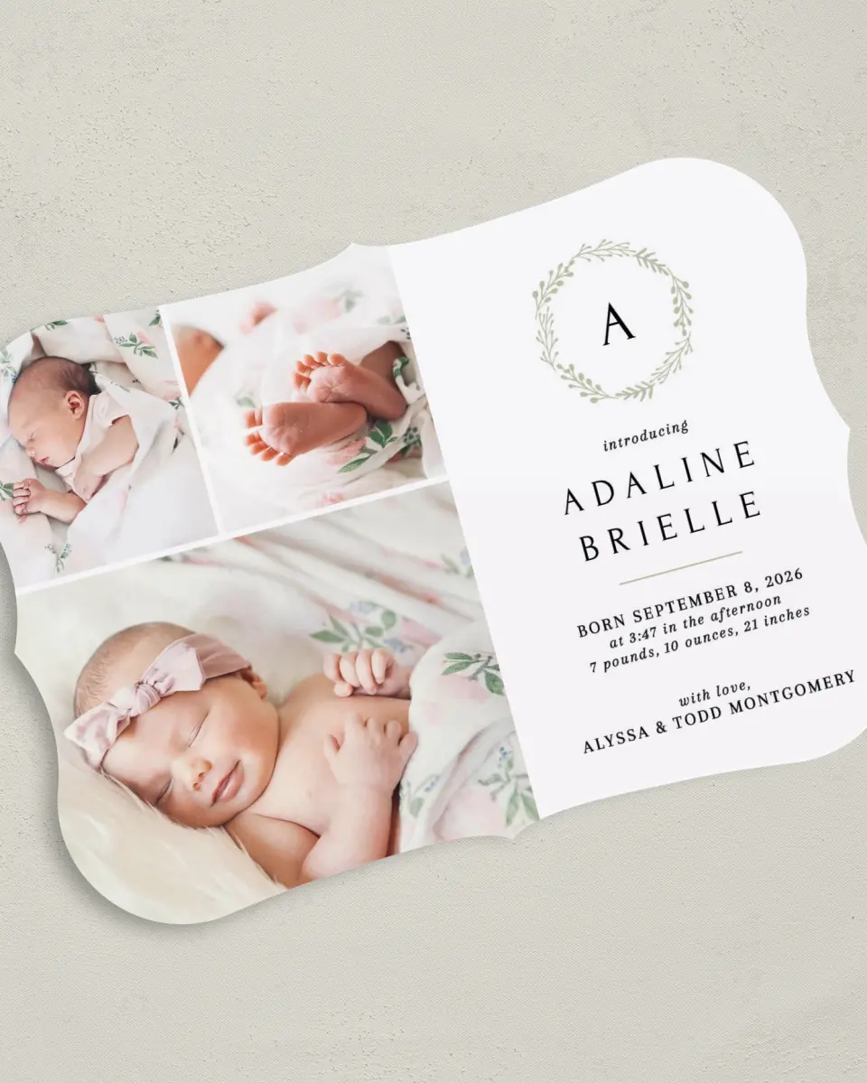 This is a 5" x 7" Birth Announcement Card called Welcome Wreath printed in full color on Premium Smooth paper