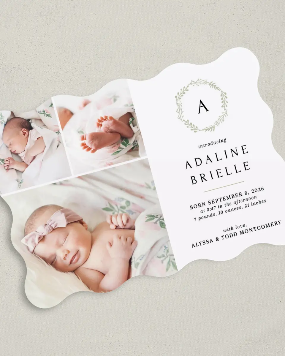This is a 5" x 7" Birth Announcement Card called Welcome Wreath printed in full color on Premium Smooth paper