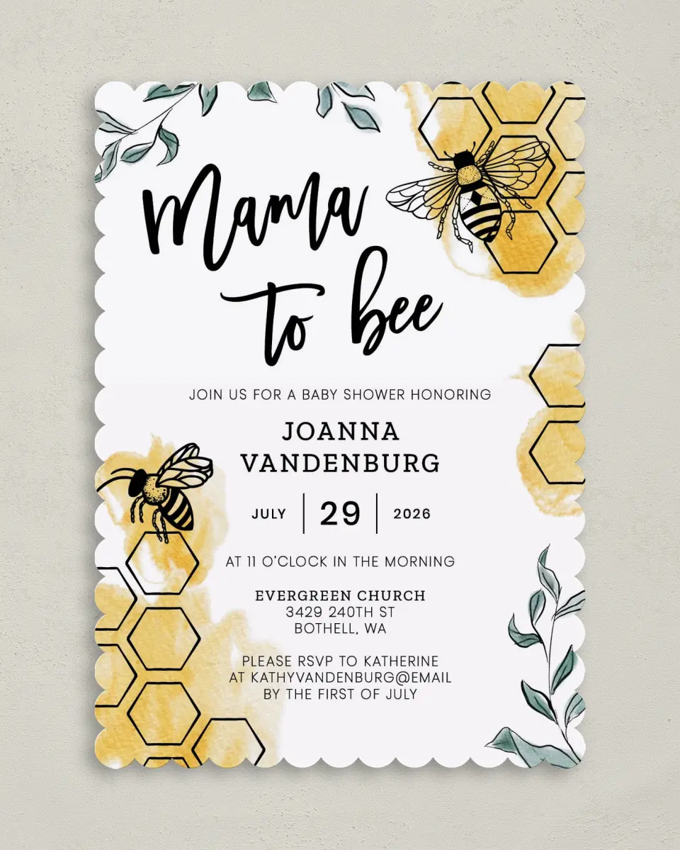 This is a 5" x 7" Baby Shower Invitation called Mama to Bee printed in full color on Premium Smooth paper