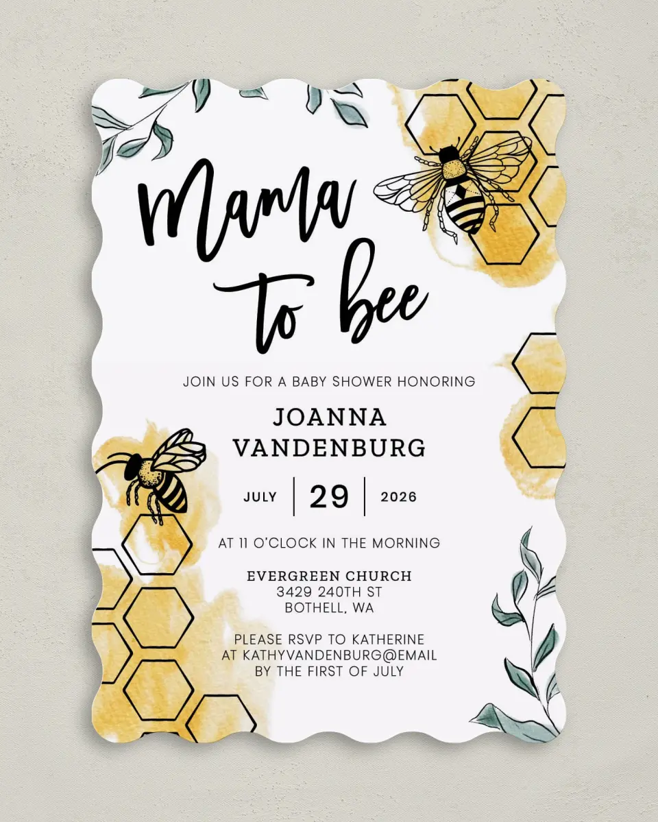 This is a 5" x 7" Baby Shower Invitation called Mama to Bee printed in full color on Premium Smooth paper
