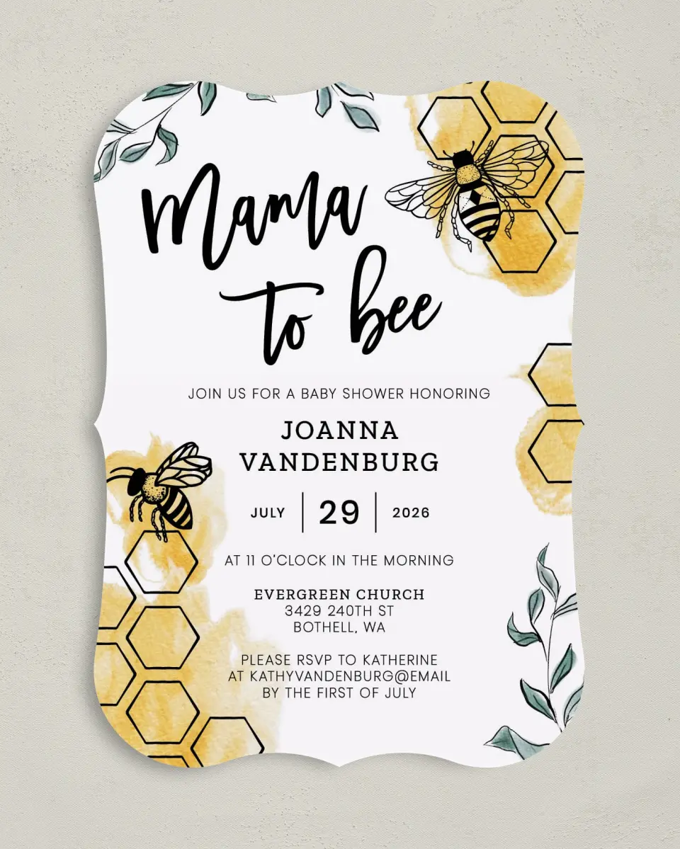 This is a 5" x 7" Baby Shower Invitation called Mama to Bee printed in full color on Premium Smooth paper