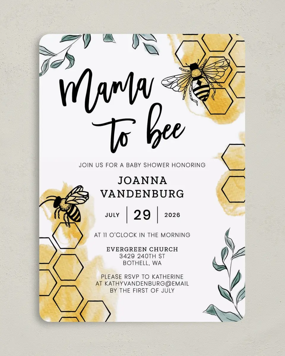 This is a 5" x 7" Baby Shower Invitation called Mama to Bee printed in full color on Premium Smooth paper