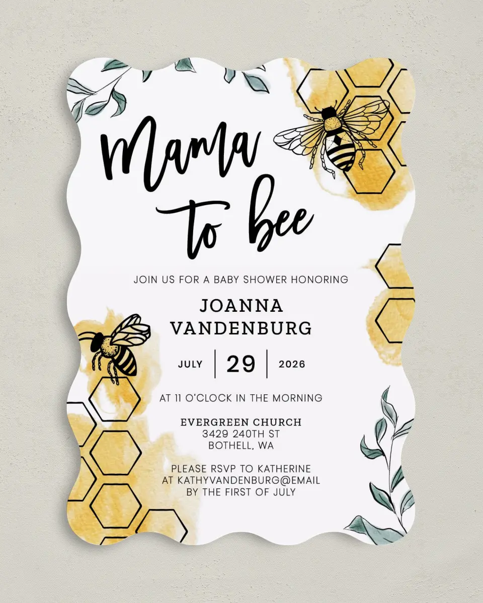 This is a 5" x 7" Baby Shower Invitation called Mama to Bee printed in full color on Premium Smooth paper