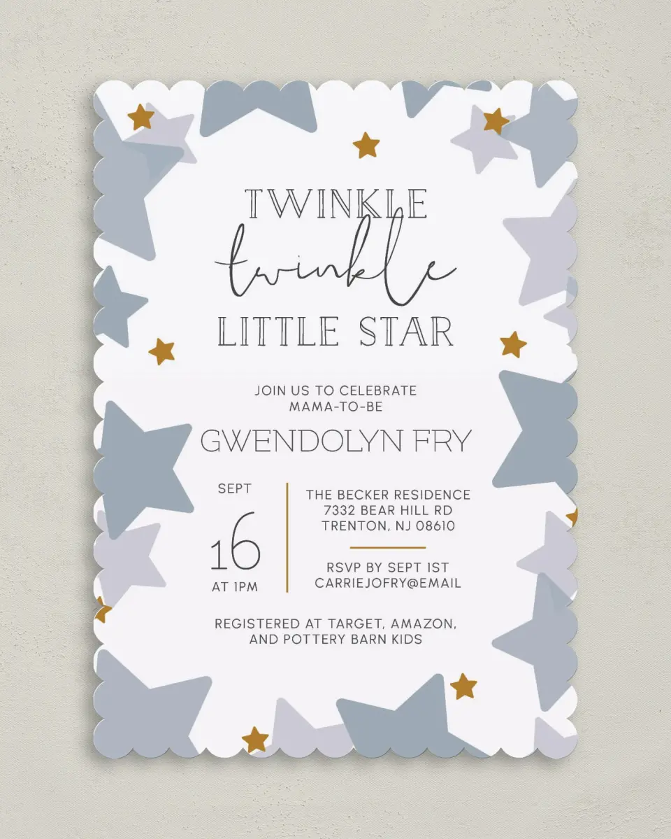 This is a 5" x 7" Baby Shower Invitation called Little Twinkle printed in full color on Premium Smooth paper