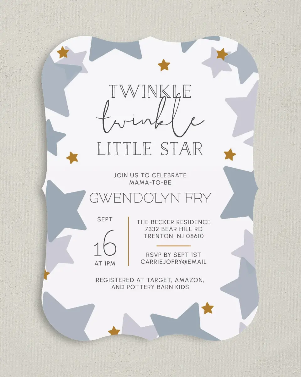 This is a 5" x 7" Baby Shower Invitation called Little Twinkle printed in full color on Premium Smooth paper
