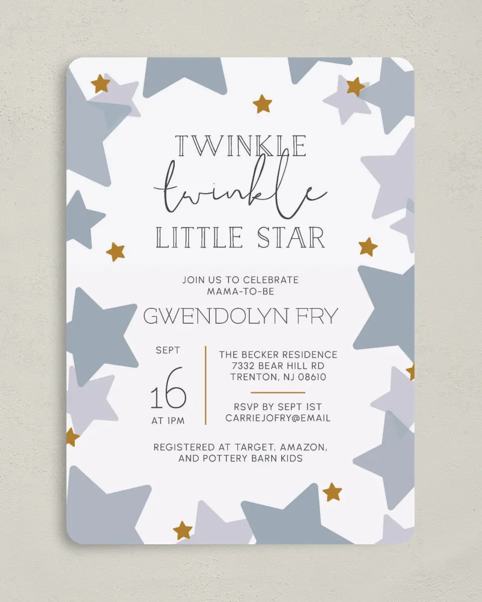 This is a 5" x 7" Baby Shower Invitation called Little Twinkle printed in full color on Premium Smooth paper