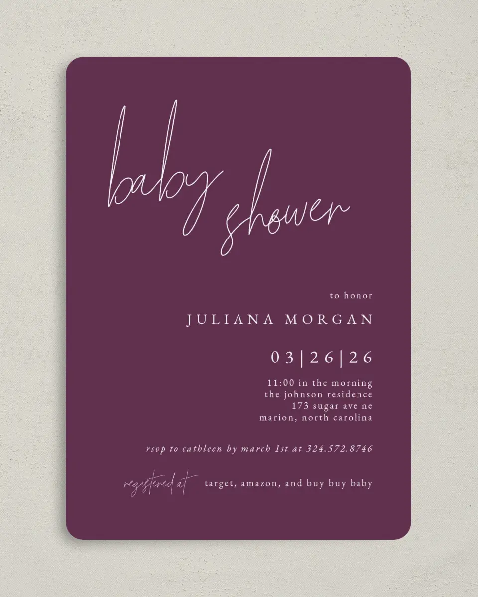 This is a 5" x 7" Baby Shower Invitation called Modern Babe printed in full color on Premium Smooth paper