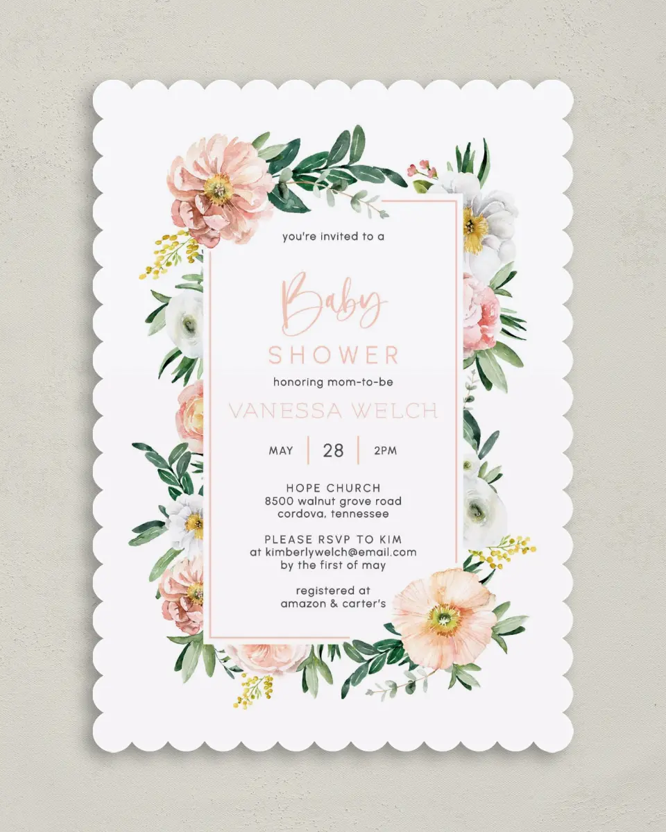This is a 5" x 7" Baby Shower Invitation called Blossoming Baby printed in full color on Premium Smooth paper
