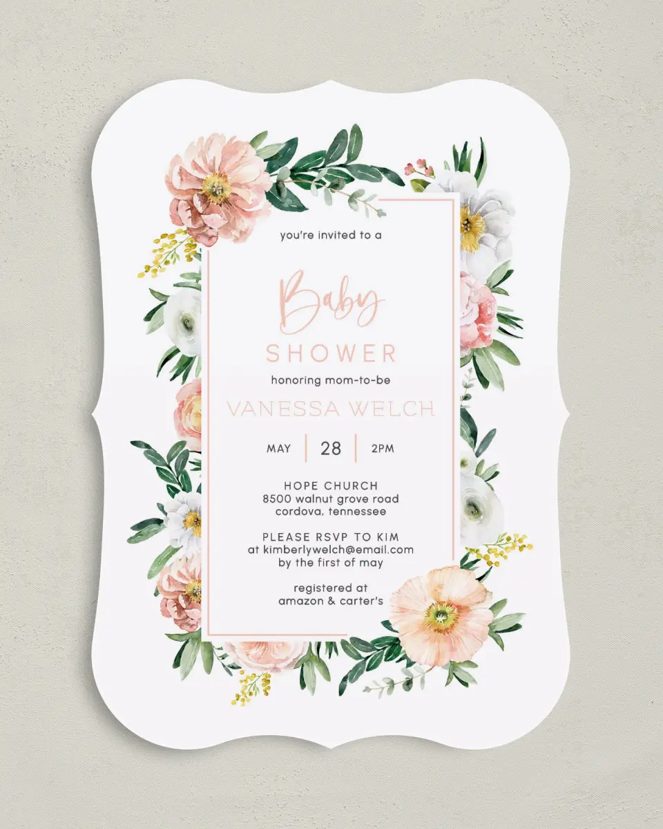 This is a 5" x 7" Baby Shower Invitation called Blossoming Baby printed in full color on Premium Smooth paper