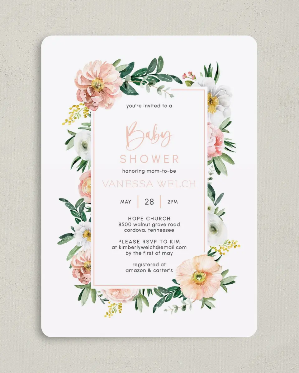This is a 5" x 7" Baby Shower Invitation called Blossoming Baby printed in full color on Premium Smooth paper