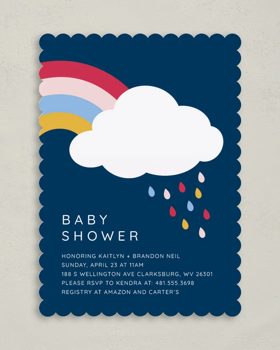 This is a 5" x 7" Baby Shower Invitation called Darling Rainbow printed in full color on Premium Smooth paper