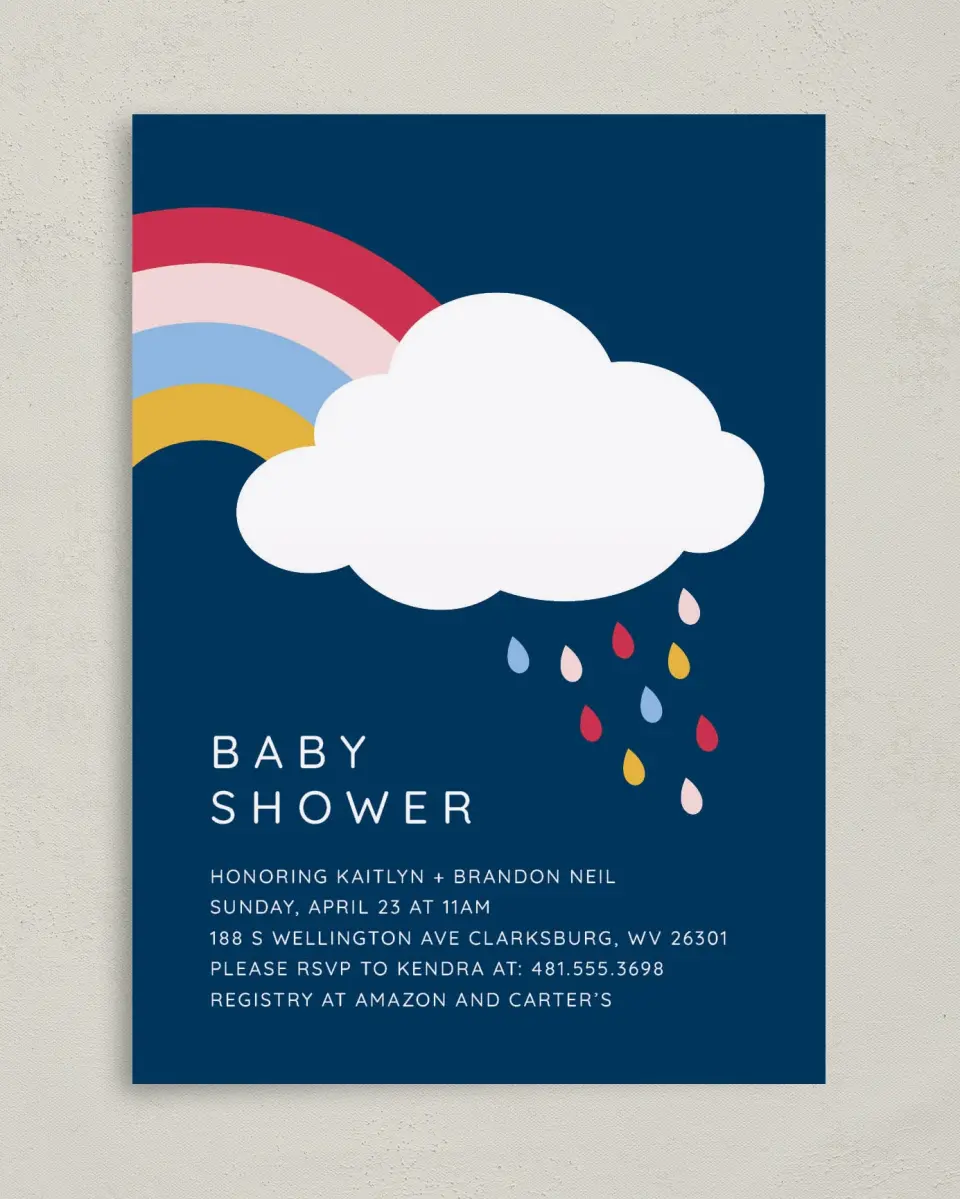 This is a 5" x 7" Baby Shower Invitation called Darling Rainbow printed in full color on Premium Smooth paper