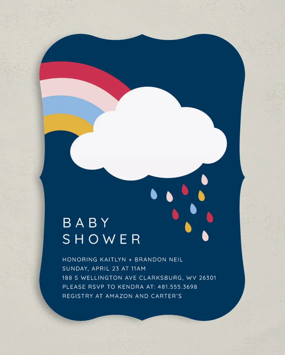 This is a 5" x 7" Baby Shower Invitation called Darling Rainbow printed in full color on Premium Smooth paper