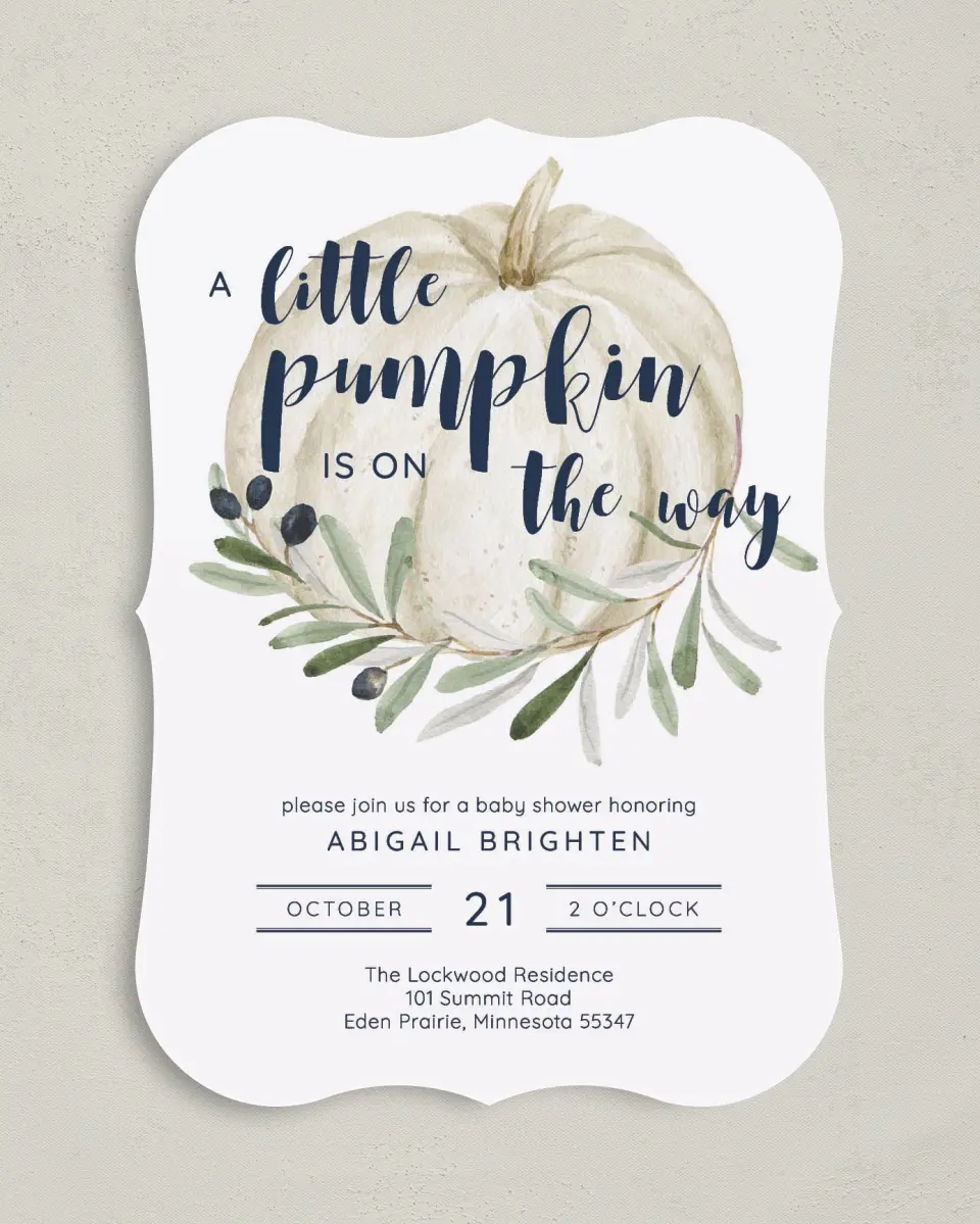This is a 5" x 7" Baby Shower Invitation called Little Pumpkin printed in full color on Premium Smooth paper