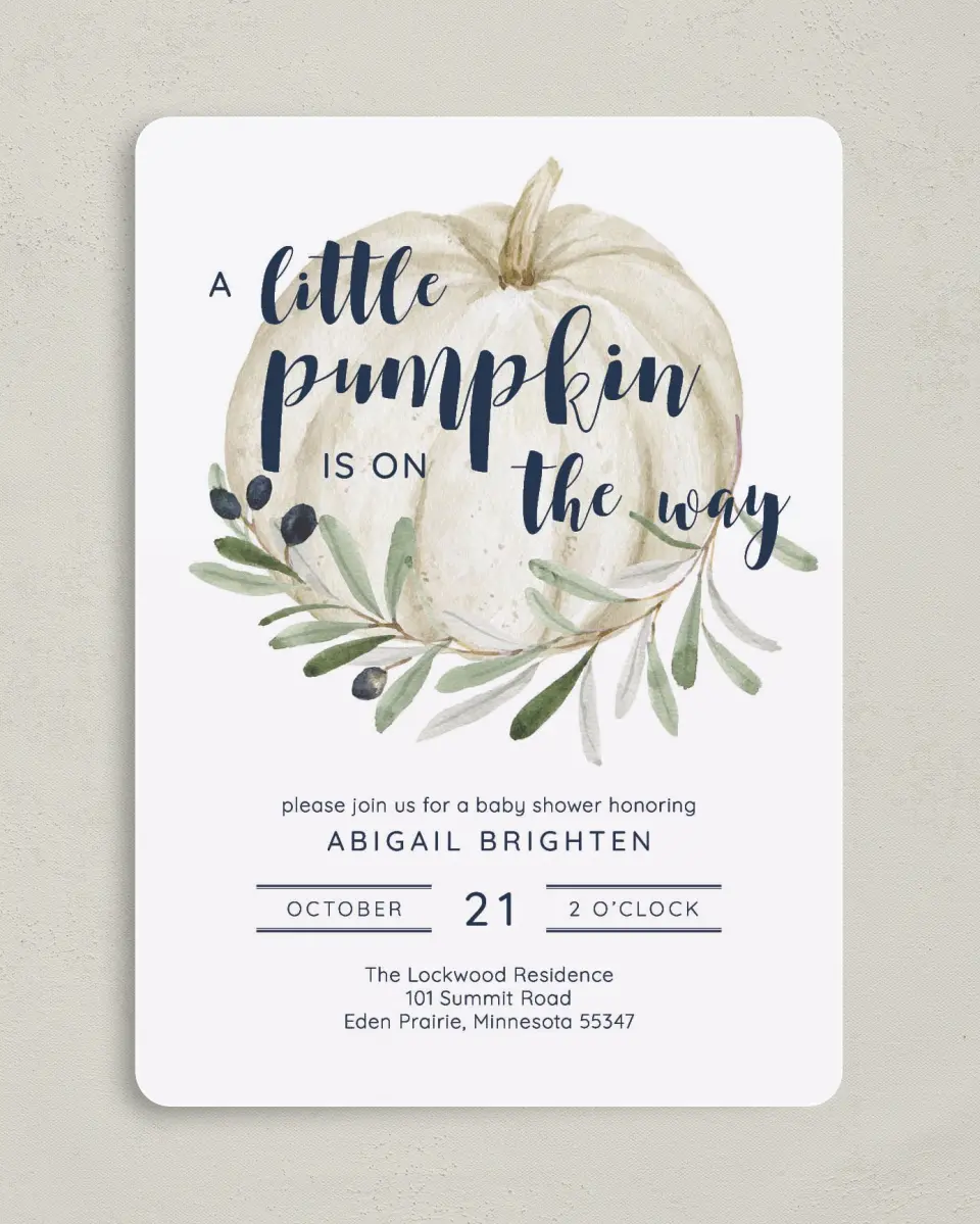 This is a 5" x 7" Baby Shower Invitation called Little Pumpkin printed in full color on Premium Smooth paper
