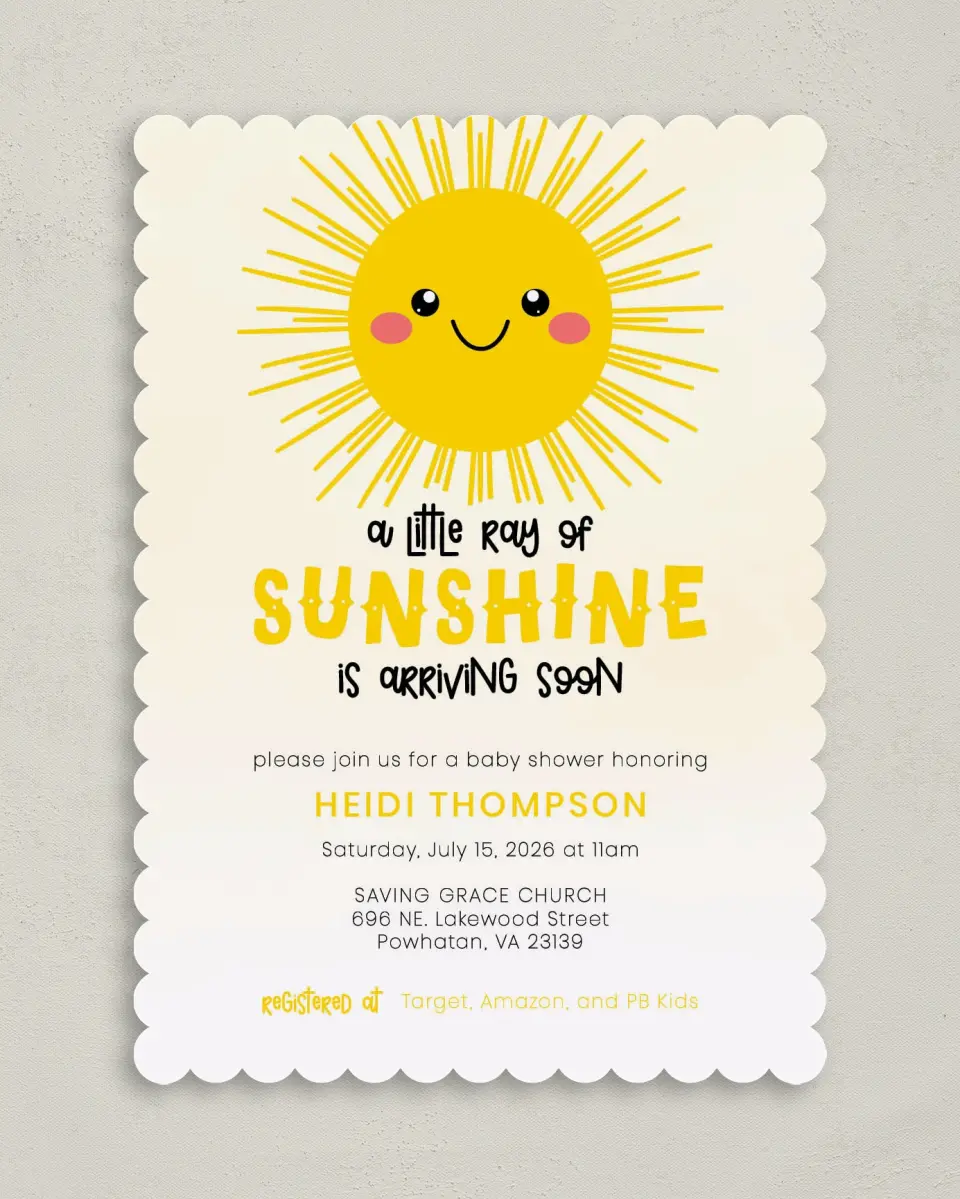 This is a 5" x 7" Baby Shower Invitation called Little Sunshine printed in full color on Premium Smooth paper