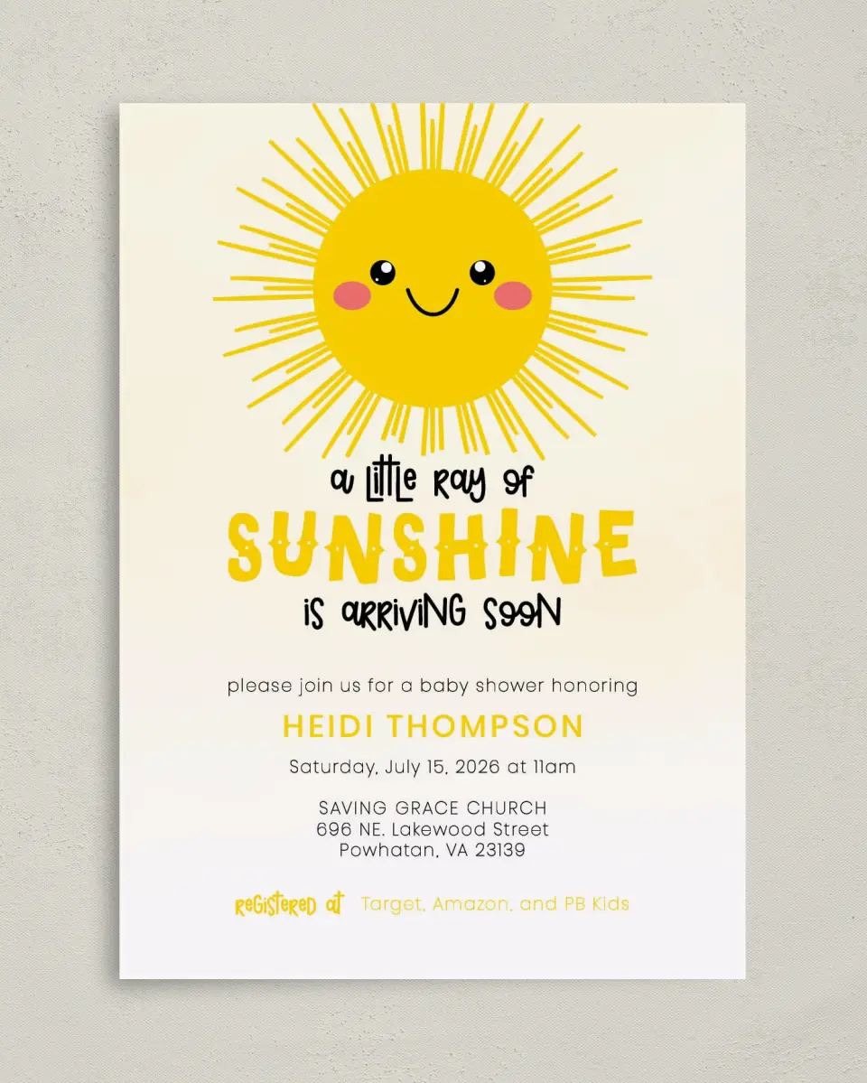 This is a 5" x 7" Baby Shower Invitation called Little Sunshine printed in full color on Premium Smooth paper