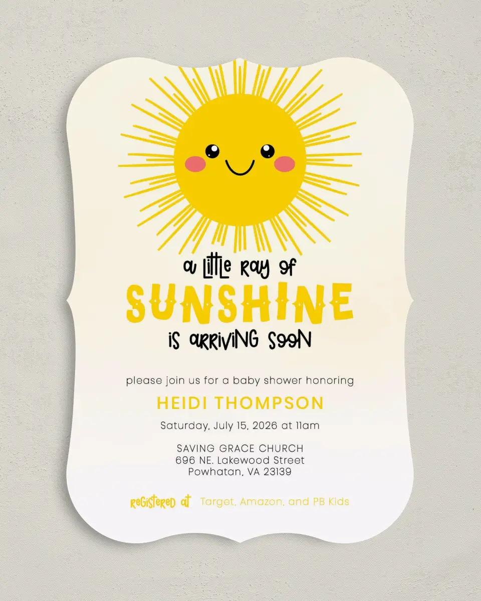 This is a 5" x 7" Baby Shower Invitation called Little Sunshine printed in full color on Premium Smooth paper