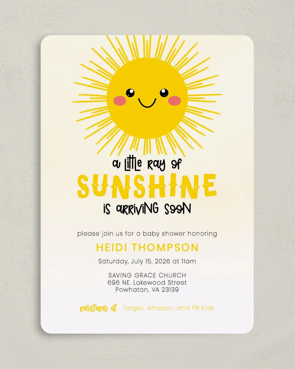 This is a 5" x 7" Baby Shower Invitation called Little Sunshine printed in full color on Premium Smooth paper
