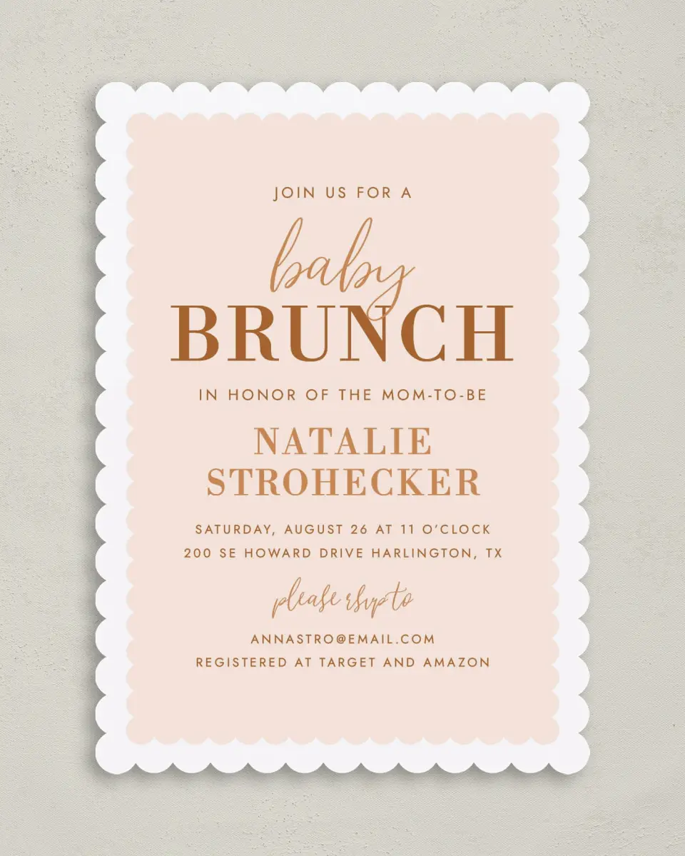 This is a 5" x 7" Baby Shower Invitation called Sweet Scallops printed in full color on Premium Smooth paper