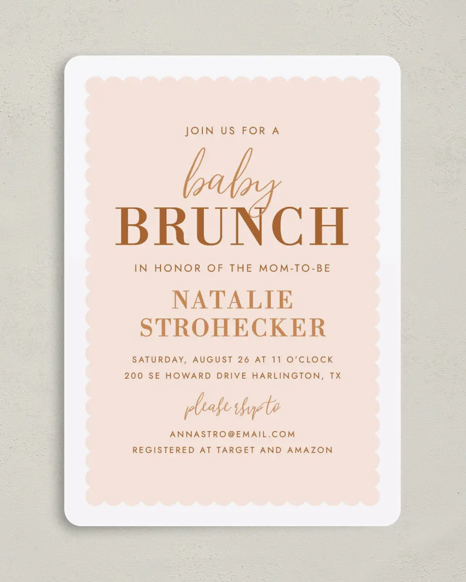 This is a 5" x 7" Baby Shower Invitation called Sweet Scallops printed in full color on Premium Smooth paper