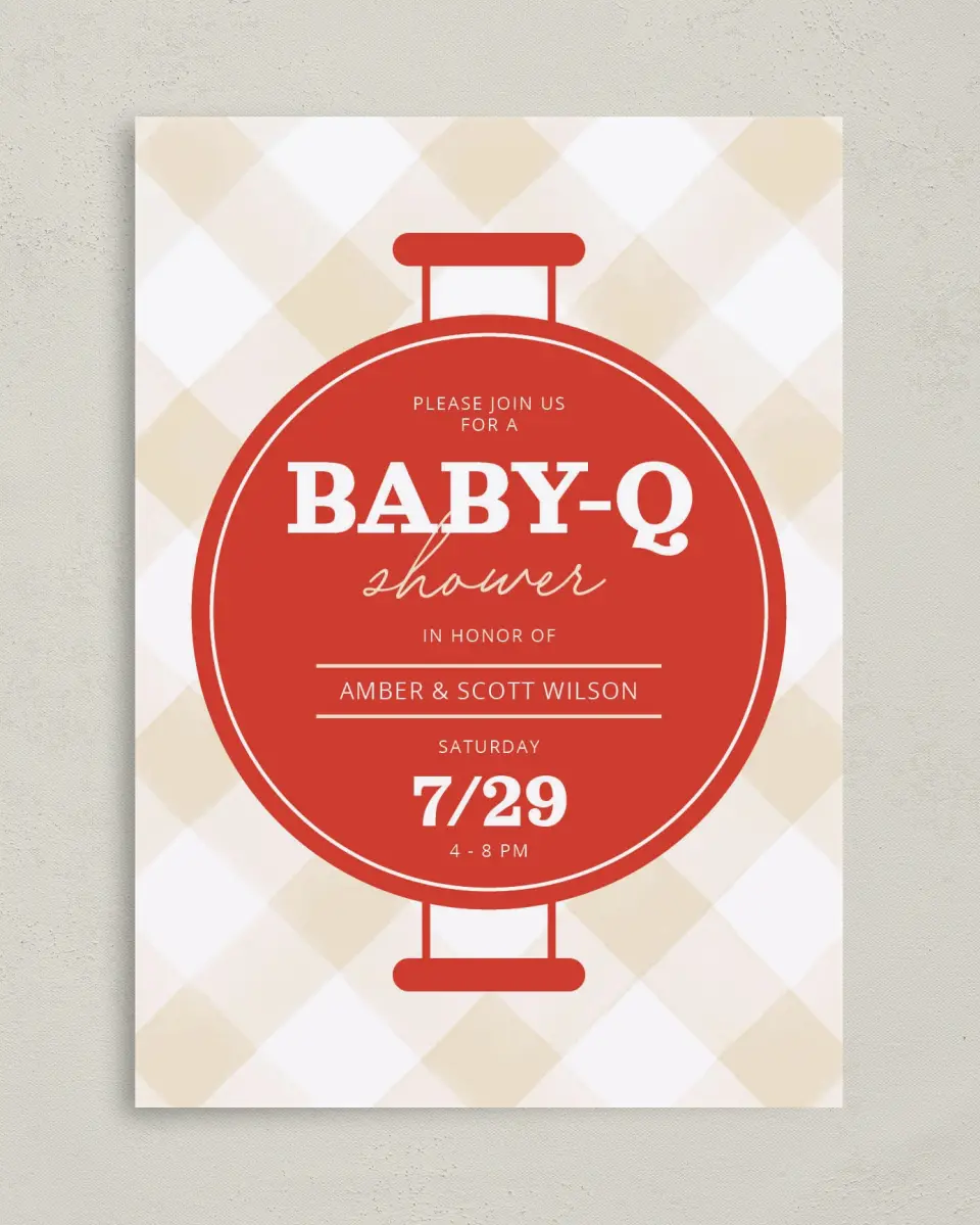 This is a 5" x 7" Baby Shower Invitation called Baby-Q printed in full color on Premium Smooth paper