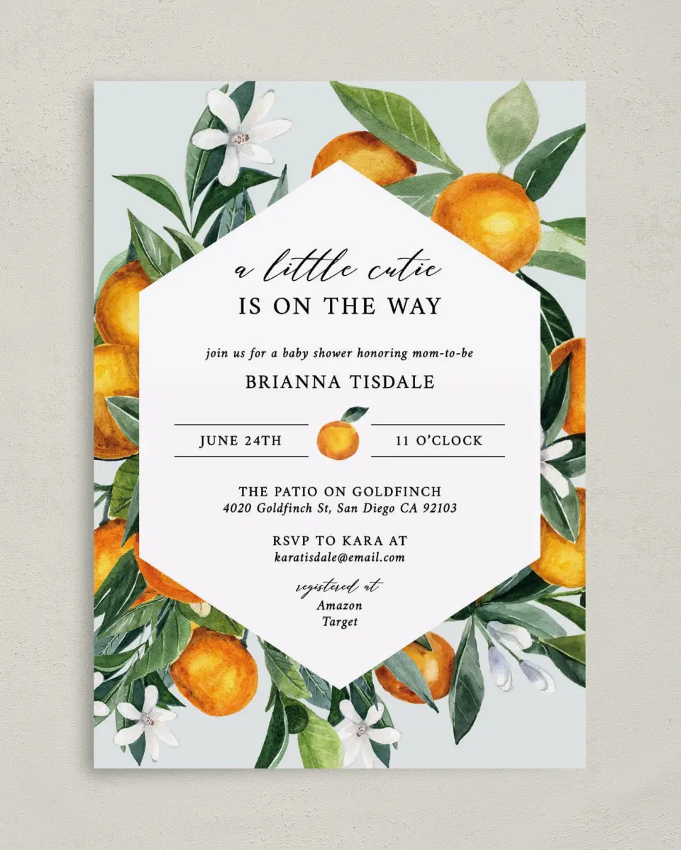 This is a 5" x 7" Baby Shower Invitation called Little Cutie printed in full color on Premium Smooth paper