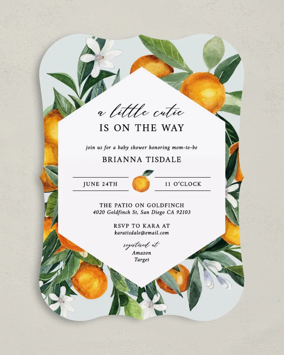 This is a 5" x 7" Baby Shower Invitation called Little Cutie printed in full color on Premium Smooth paper